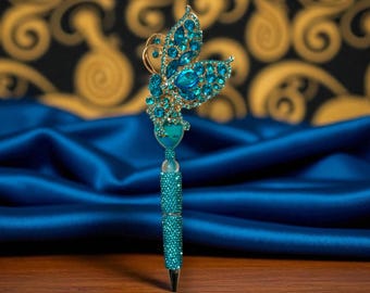 Butterfly Rhinestone Pen: Whimsical Blue Stationery