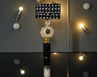 Black Metal and Rhinestone Handbag and Perfume Bottle Pen: Jeweled Desk Accessory