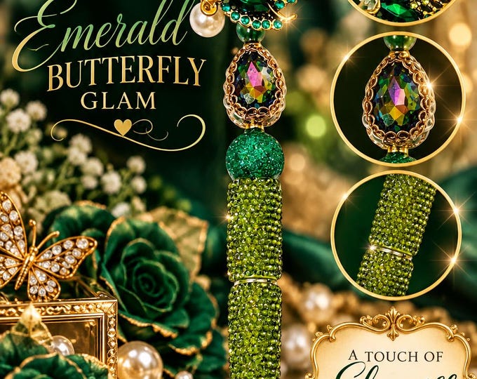 Emerald Green Butterfly Rhinestone Pen – Jeweled Butterfly Pen – Green Crystal Glam Pen – Luxury Gift for Her – Handmade Pen