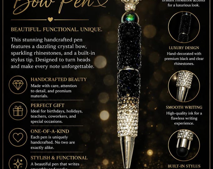 Luxury Black Crystal Bow Stylus Pen | Handmade Rhinestone Pen | Touchscreen Stylus | Elegant Gift for Her | Unique Office Desk Accessory