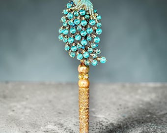 Turquoise Jeweled  Rhinestone Extended Peacock Pen: Jeweled Desk Accessory