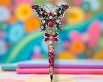 Fuchsia Multi-Colored Jeweled Butterfly Rhinestone Pen