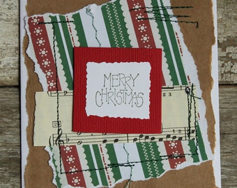 Merry Christmas stitched paper collage card blank inside