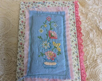 Pretty pastels fabric junk journal cover with upcycled vintage embroidery