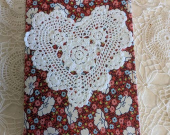 Red floral vintage vibe fabric junk journal cover with heart shaped doily