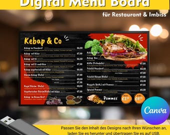 Digitales Restaurant Imbiss -Menü-Vorlage,TV-Board, bearbeitbares Menü-Design, einfache Restaurant tv Vorlage -  Canva-Vorlage