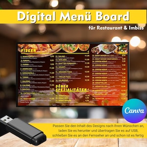 Könnte beinhalten: Digitale Speisekarte für ein Restaurant mit Pizza- und Kebab-Optionen. Die Speisekarte enthält Preise und Beschreibungen. Ein USB-Stick ist unten abgebildet. Das Canva-Logo ist sichtbar.