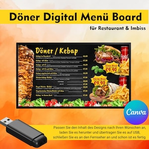Plantilla de menú digital para restaurante de kebab y snack-bar, pizarra de TV, diseño de menú editable, plantilla sencilla de TV para restaurante - Plantilla Canva