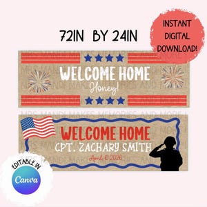 Puede incluir: Un banner digital con el texto "WELCOME HOME" en rojo y azul. El banner mide 183 cm por 61 cm y presenta una bandera estadounidense, estrellas y una silueta de un soldado saludando. Editable en Canva.