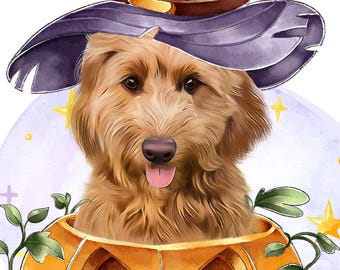 Custom Halloween Pet Portrait: Spooky Witch Hat Dog Art
