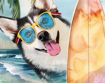 Custom Surf Dog Portrait: Watercolor Beach Pet Art