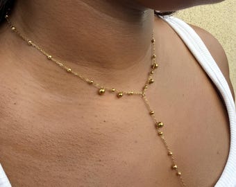 Naszyjnik z kulkami i koralikami Lariat ze srebra próby 925, platerowany 18-karatowym złotem | Delikatna biżuteria z łańcuszkiem