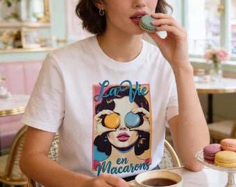 Retro French Unisex Organic Cotton T-shirt - Colorful Macarons “La Vie en Macaron” Graphic Tee for Fashion & Vintage Vibes Lovers