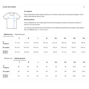 May include: A size guide for t-shirts, showing measurements in both centimeters and inches. Includes diagrams and instructions for measuring length, width, and chest size. Sizes range from S to 5XL, with corresponding measurements.