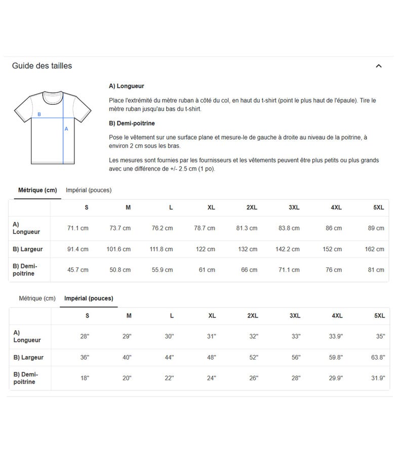May include: A size guide for t-shirts, showing measurements in both centimeters and inches. Includes diagrams and instructions for measuring length, width, and chest size. Sizes range from S to 5XL, with corresponding measurements.