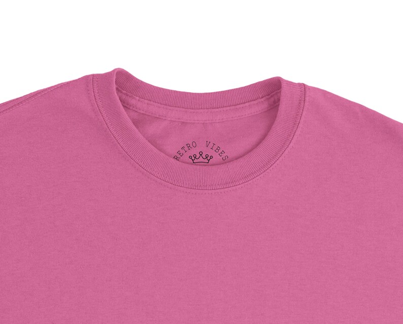 May include: A close-up of a pink t-shirt. The shirt has a crew neck and short sleeves. The text "RETRO VIBES" is printed on the inside collar with a small crown graphic.