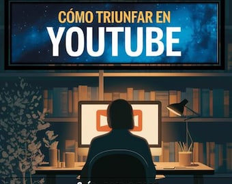 Könnte beinhalten: Eine Person sitzt vor einem Computerbildschirm mit einem YouTube-Logo, ein Bücherregal befindet sich hinter ihr, und der Text "CÓMO TRIUNFAR EN YOUTUBE Guía, paso a paso, para crear tu canal y monetizarlo" befindet sich am unteren Rand des Bildes.