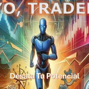 May include: A blue robot with a white face and hands runs forward against a background of colorful stock market charts. The text "YO, TRADER" is at the top of the image and the text "Desata Tu Potencial" is at the bottom of the image.