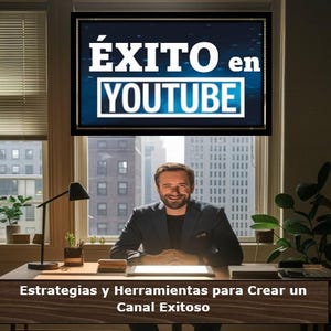 Puede incluir: Un hombre en traje sentado en un escritorio. Encima, una pantalla con "ÉXITO en YOUTUBE". Debajo, el texto dice "Estrategias y Herramientas para Crear un Canal Exitoso".
