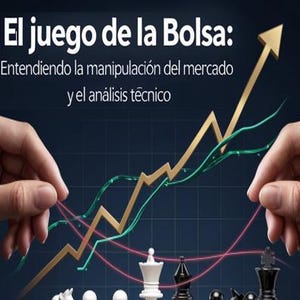 May include: A graphic with the text "El juego de la Bolsa: Entendiendo la manipulación del mercado y el análisis técnico" and a line graph with two lines, one green and one red, going up. Two hands are manipulating the lines with strings.