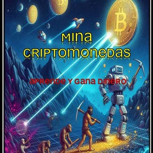 Könnte beinhalten: Eine digitale Illustration, die die Entwicklung des Cryptocurrency-Minings darstellt. Ein Roboter mit einer Spitzhacke steht auf einem Weg aus Goldmünzen, während Menschen in verschiedenen Stadien der Evolution hinterherlaufen. Der Hintergrund zeigt einen Sternenhimmel mit Planeten und einem großen Bitcoin-Symbol.