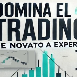 Op de afbeelding: Een boekomslag met de titel "DOMINA EL TRADING" in zwarte tekst op een witte achtergrond. De ondertitel is "DE NOVATO A EXPERTO I" in zwarte tekst. Een grafiek met groene en zwarte balken is zichtbaar op de achtergrond.