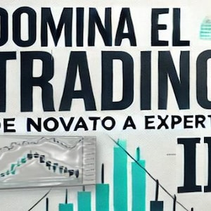 May include: A book cover with the title "DOMINA EL TRADING DE NOVATO A EXPERTO II" in black text on a white background. A teal and white graphic is in the upper right corner. A chart with a teal line graph is in the lower left corner. The book cover is for a guide on trading.