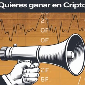 Puede incluir: Una mano sosteniendo un megáfono con el texto "¿Quieres ganar en Cripto?" sobre un fondo amarillo y marrón con una gráfica de línea negra.