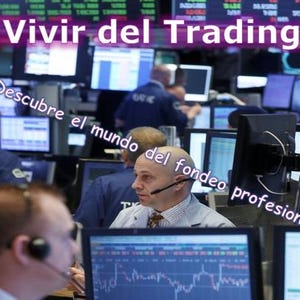 Puede incluir: Un grupo de personas trabajando en una oficina con mucho movimiento, con pantallas de ordenador y datos financieros en pantalla. El texto de la imagen dice "¿Vivir del Trading? Descubre el mundo del fondeo profesional."