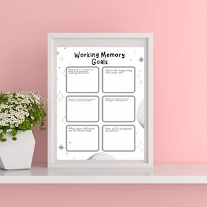 May include: A printable worksheet with a white background and black text. The worksheet is titled "Working Memory Goals" and has six sections with questions about working memory. The sections are decorated with stars and a rainbow.
