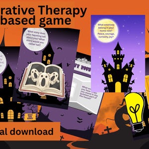 May include: A digital download for a narrative therapy-based game with a Halloween theme. The image features cards with questions, a haunted house, ghosts, and a lightbulb. Text includes "Digital download" and game prompts.