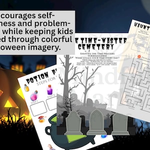 Könnte beinhalten: Halloween-Themen-Lernvorlagen. Enthält ein Labyrinth, Trankschritte und eine Friedhofsaktivität. Das Bild zeigt einen leuchtenden Kürbis und Text, der das Selbstbewusstsein und die Problemlösung fördert.