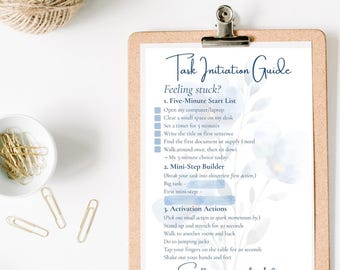 Task Initiation Worksheet | Executive Function Printable | Therapist-Designed Client Tool for Focus and Motivation