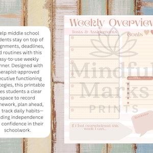 以下が含まれることがあります： テスト、課題、目標のセクションを備えた、ソフトなカラーパレットの印刷可能な週間プランナー。デザインには「Weekly Overview」と「Mindful Marks PRINTS」の文字が含まれており、宿題を記録し、習慣を追跡するためのスペースがあります。