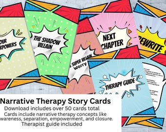 Narrative Therapy Story Cards – Superhero Theme | Over 50 Printable Prompts for Anxiety & Depression | CBT + Narrative Therapy Tool for Teen