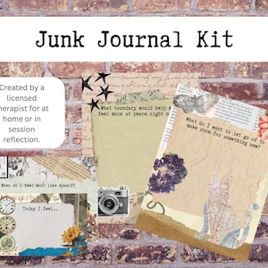 May include: A junk journal kit with the text "Junk Journal Kit". The kit includes decorative paper, a vintage camera image, and prompts like "What do I want to let go of to make room for something new?" and "When do I feel most like myself?"