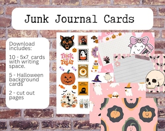 May include: A collection of Halloween-themed junk journal cards with various designs, including pumpkins, ghosts, and cats. The cards are in shades of orange, pink, and black. The text "Junk Journal Cards" is at the top, and the download includes 10 - 5x7 cards, 5 background cards, and 2 cut-out pages.