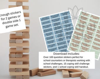 School Counseling Jenga Stickers + Coping Skills Handouts | 100+ Question Prompts, Therapy Game for Kids & Teens | Printable PDF + JPG