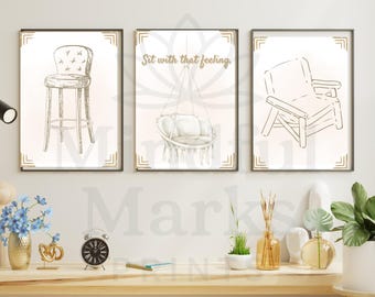 Boho Therapy Chair Wall Art | “Sit With That Feeling” Printable | Neutral Mindfulness Office Decor | 5x7, 8x10, 11x14 PDFs