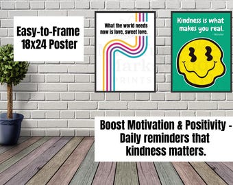 Retro vriendelijkheidsposters 18 x 24 | Digitale download kunst aan de muur klaslokaal | Inspirerende tienerkamerdecoratie | Afdrukbare posterset met positieve quotes