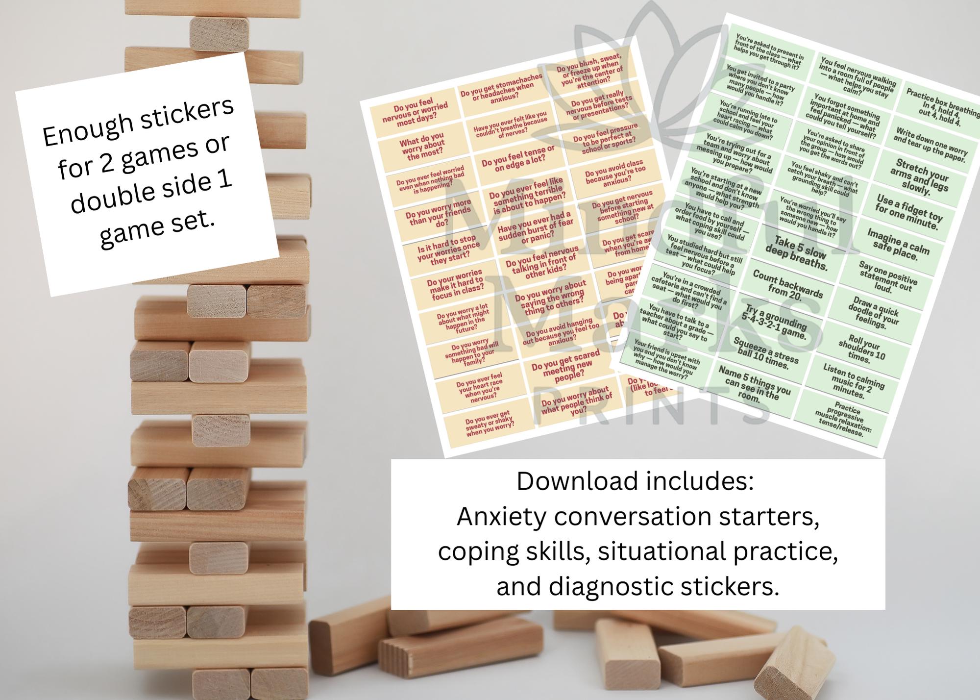 Anxiety Jenga Therapy Game Stickers & Worksheets | Teen Coping Skills ...