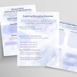 Op de afbeelding: Een printbaar werkblad met een blauwe aquarel achtergrond. Het werkblad is getiteld "Alternatieve uitkomsten verkennen" en bevat stappen om verschillende uitkomsten van een situatie te verkennen. Het werkblad bevat ook een sectie met de titel "Flexibele paden naar voren bouwen".