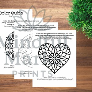 Può includere: Tre fogli di carta bianca con disegni a tratto nero e testo. I disegni includono un cuore, un mandala e una forma astratta. Il testo recita "Color Guide Grief" e invita a colorare in base ai sentimenti.
