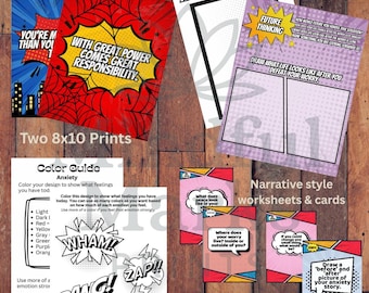 Superhero Therapy Printable Bundle | Narrative Coping Tools + Feelings Coloring | SEL Anxiety Worksheets | PDF Download Only