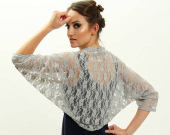 Grey lace bolero plus size. Plus size bridal shawl. Sheer lace cover shawl. Plus size lace and sheer bolero. Floral grey lace shrug. coverup