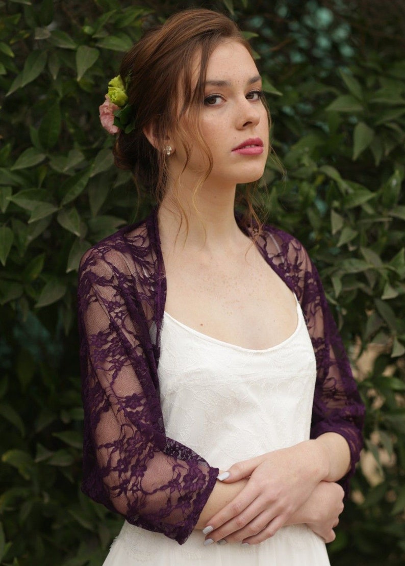 Purple Lace Bolero, Floral Lace Shrug, Purple Batwing Shawl, Bridesmaid