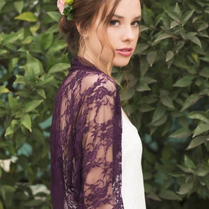 Purple lace batwing shrug, Bridesmaid evening cover up shawl, Gala shrugs and boleros, Women's lace shawl wrap, Open front 34 sleeve bolero image 7