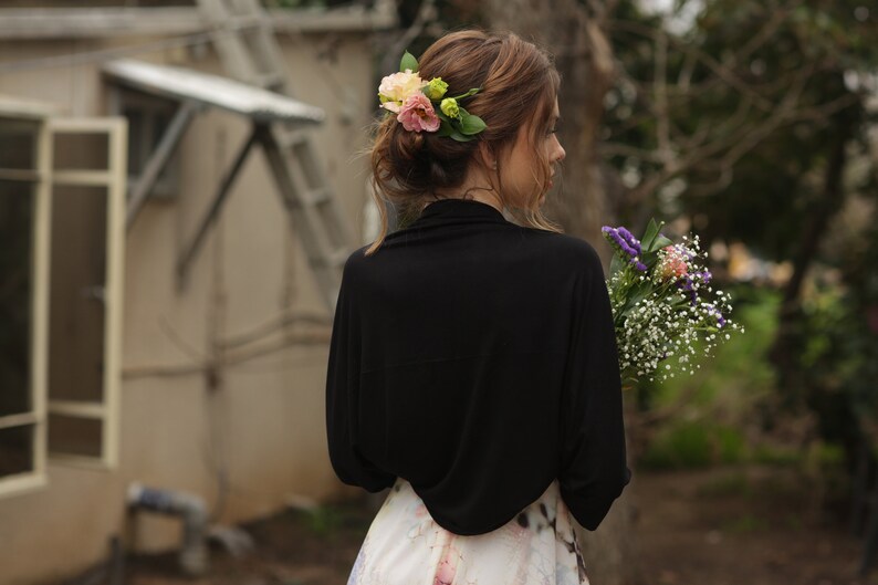 Zwarte avondbolero, zwarte bolero voor evenement, bolero's met lange mouwen en bolero's voor dames, zwarte bolero, elegante vleermuismouwbolero, oversized pasvorm afbeelding 7