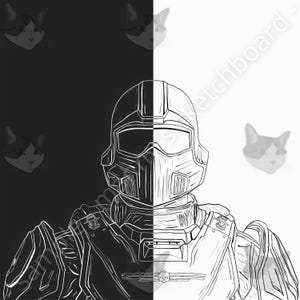 May include: A black and white line drawing of a person wearing a futuristic helmet and armor. The helmet is split down the middle, with one side black and the other white.