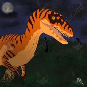 May include: A digital illustration of a raptor dinosaur with orange and black stripes, set against a night sky with a full moon. The dinosaur is in a grassy area, with a dark background.